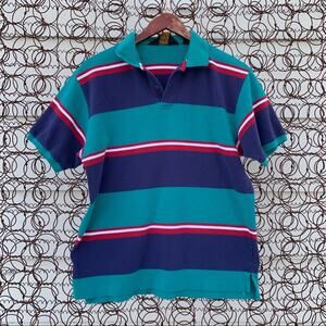 Vintage 90s Eddie Bauer blue teal striped polo shirt MEDIUM